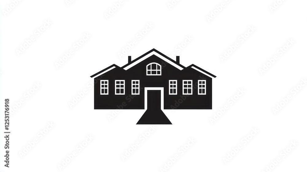 Simple black silhouette of a building, possible school or community center, on a white background Simple black silhouette of a building, possible school or community center, on a white background