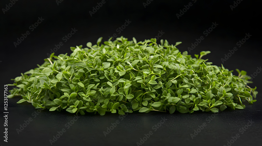 Obraz premium A close-up of thyme leaves arranged in a small cluster on a smooth matte black surface, showing fine texture and vivid green color.