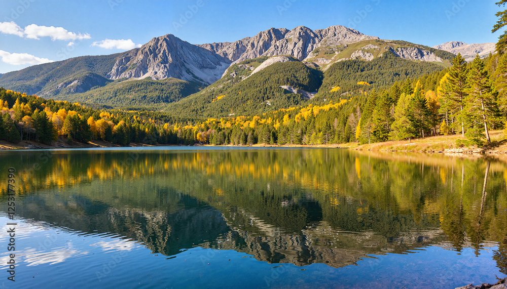 Fototapeta premium Colorful autumn reflection in tranquil lake surrounded by mountains, nature's beauty