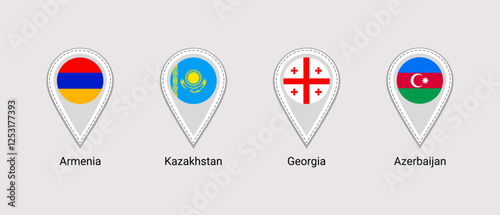 Free Download Georgia, Armenia, Kazakhstan, Azerbaijan flags map pins isolated icons vector illustration. Caucasus region states location point. Official symbols stickers signs with state name. markers badges. - GFXLoad