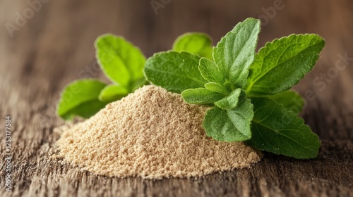 A mound of brown powder next to fresh green stevia leaves on a wooden surface.