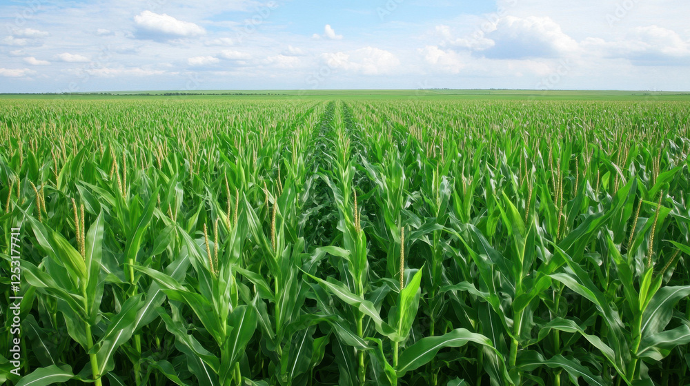 Expansive cornfields stretch under clear blue sky, showcasing vibrant green crops. scene evokes sense of tranquility and abundance in nature Expansive cornfields stretch under clear blue sky, showcasing vibrant green crops. scene evokes sense of tranquility and abundance in nature
