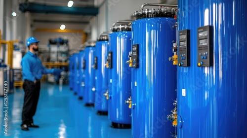 Factory worker inspecting large blue tanks