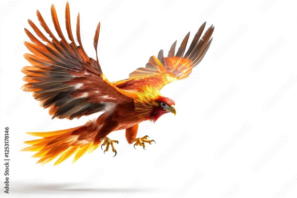 Fototapeta premium Majestic and Colorful Bird in Flight Captured on White Background with Outstretched Wings Exuding Power and Graceful Elegance of Nature