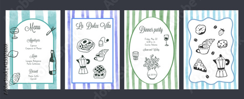 Hand draw la dolce vita breakfast doodles. Posters with food crayon drawing style. Minimalist line art. Flier for invitations, menus design
