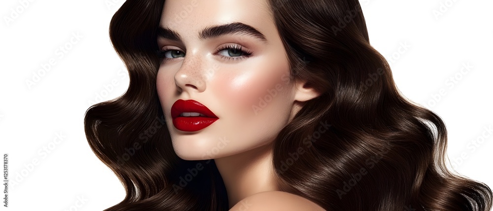 Extremely beautiful brunette with flawless skin and red lips, hair care advertisement, beauty campaign, generative AI Extremely beautiful brunette with flawless skin and red lips, hair care advertisement, beauty campaign, generative AI