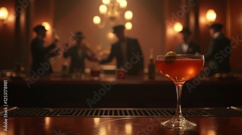 cocktails in a beautiful glass on the bar in a speakeasy bar with musicians in the background