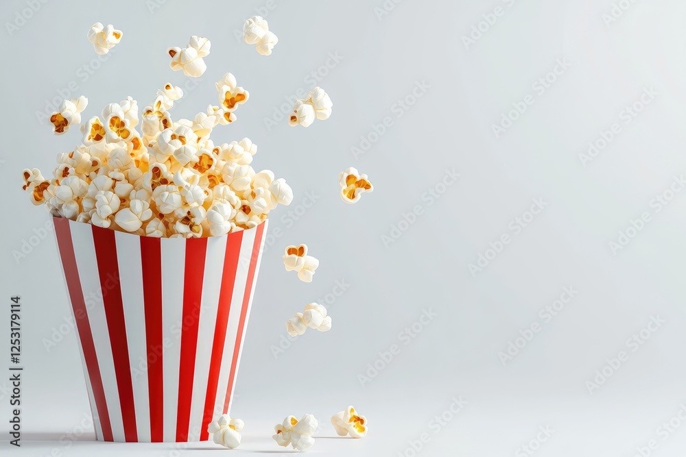 Freshly Popped Popcorn in Striped Container with Flying Kernels on Light Background Perfect for Food and Snack Conceptual Imagery Freshly Popped Popcorn in Striped Container with Flying Kernels on Light Background Perfect for Food and Snack Conceptual Imagery