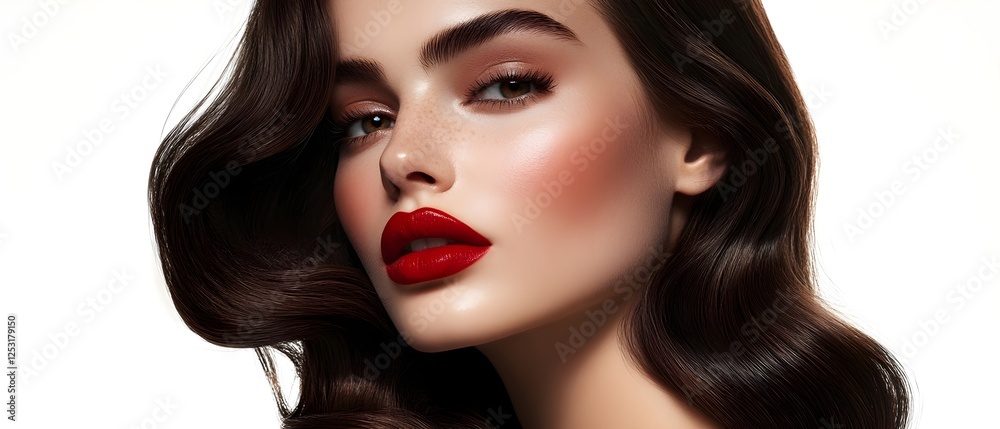 Extremely beautiful brunette with flawless skin and red lips, hair care advertisement, beauty campaign, generative AI Extremely beautiful brunette with flawless skin and red lips, hair care advertisement, beauty campaign, generative AI