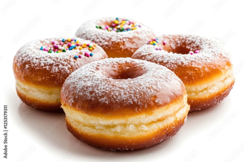 Freshly Glazed Doughnuts with Colorful Sprinkles on a White Background for Sweet Treat and Dessert Concepts Freshly Glazed Doughnuts with Colorful Sprinkles on a White Background for Sweet Treat and Dessert Concepts