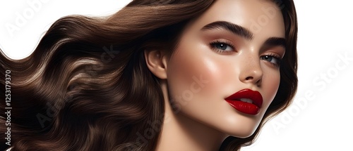 Extremely beautiful brunette with flawless skin and red lips, hair care advertisement, beauty campaign, generative AI