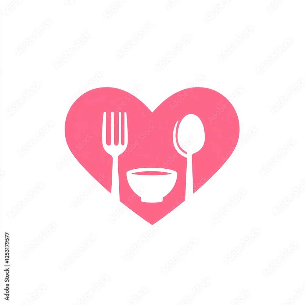 Pink Heart Logo with Utensils. Restaurant Symbol Pink Heart Logo with Utensils. Restaurant Symbol