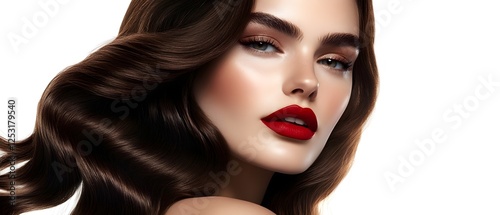 Extremely beautiful brunette with flawless skin and red lips, hair care advertisement, beauty campaign, generative AI