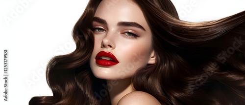Extremely beautiful brunette with flawless skin and red lips, hair care advertisement, beauty campaign, generative AI
