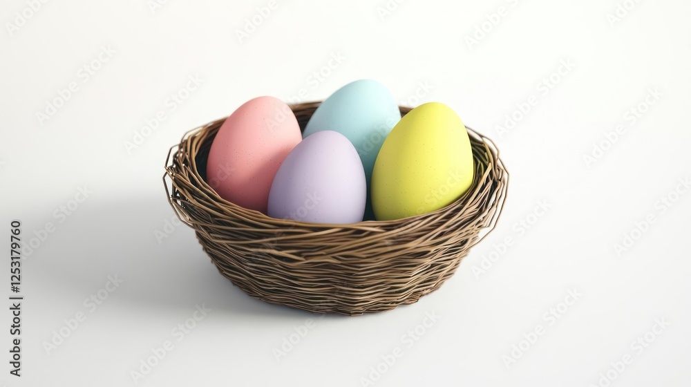 Pastel Easter Eggs in Brown Nest on White Background Pastel Easter Eggs in Brown Nest on White Background