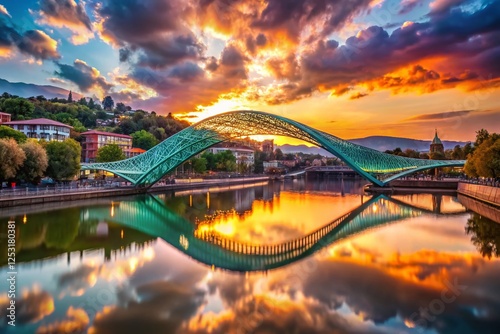 Tbilisi Bridge of Peace Silhouette at Sunset, Georgia - Panoramic Cityscape