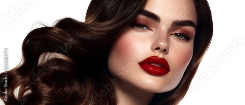 Extremely beautiful brunette with flawless skin and red lips, hair care advertisement, beauty campaign, generative AI
