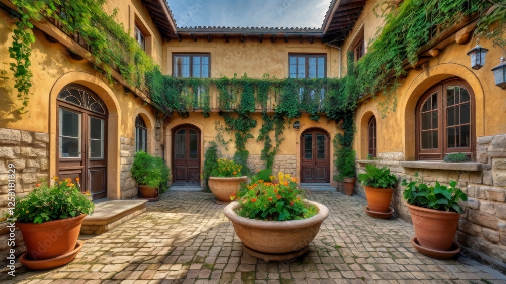 Spring courtyard with flowering plants, house walls covered with ivy, ceramic flower pots. Spring courtyard with flowering plants, house walls covered with ivy, ceramic flower pots.