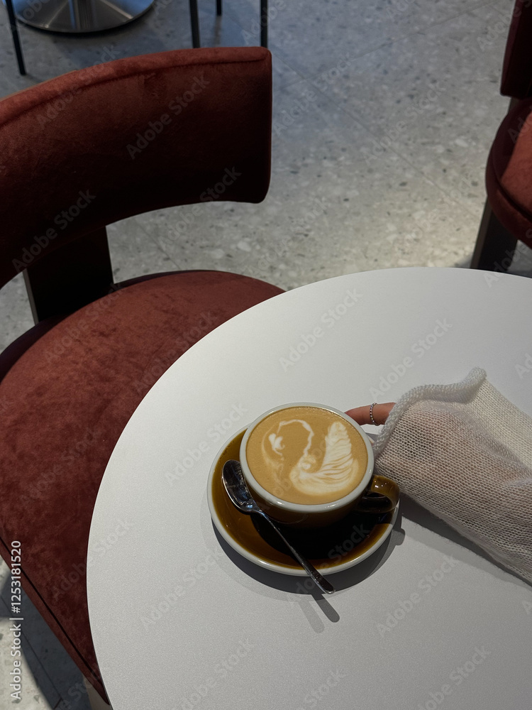 A cup of coffee with a swan design in the foam, placed on a white table in a cozy cafe. A cup of coffee with a swan design in the foam, placed on a white table in a cozy cafe.