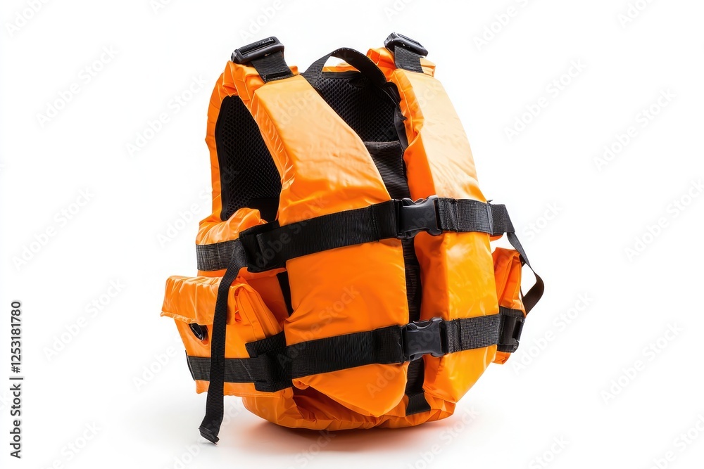 Bright Orange Life Jacket for Safety and Protection During Water Activities, Swimming, Boating, and Other Adventures in Aquatic Environments Bright Orange Life Jacket for Safety and Protection During Water Activities, Swimming, Boating, and Other Adventures in Aquatic Environments