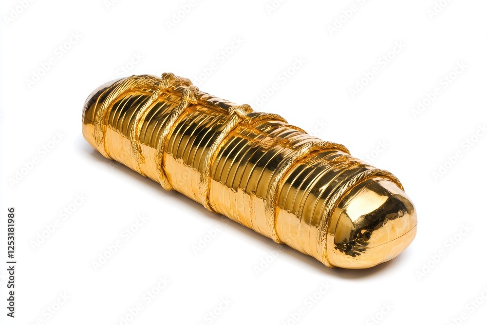 Shiny and Reflective Golden Foil Wrapped Bar with Intricate Texture Set Against a Clean White Background for Luxury and Wealth Concepts Shiny and Reflective Golden Foil Wrapped Bar with Intricate Texture Set Against a Clean White Background for Luxury and Wealth Concepts