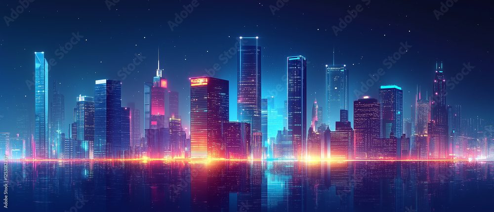 Illuminated city skyline at night, with soft lights and a modern ambiance for a perfect evening-1 Illuminated city skyline at night, with soft lights and a modern ambiance for a perfect evening-1