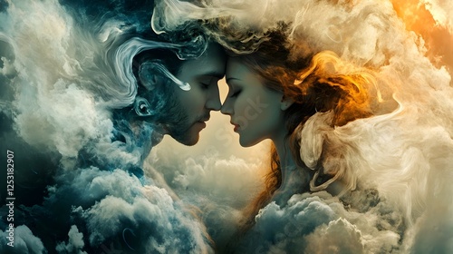 Ethereal Encounter: Lovers Merged in Dreamlike Cloud Atmosphere photo