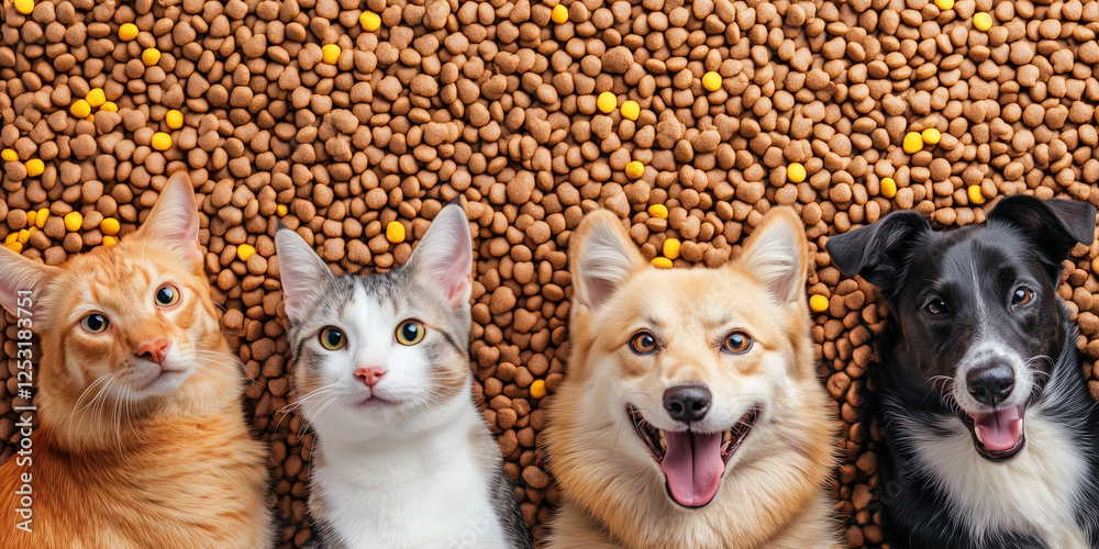 A variety of dry pet food piledw, cats and dogs on background