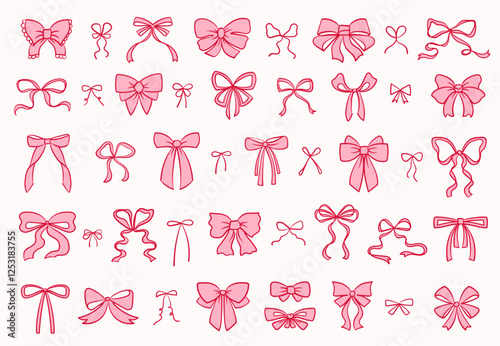 Collection of hand drawn vintage bows and ribbons. Set of elegant pink bows, vector illustration.