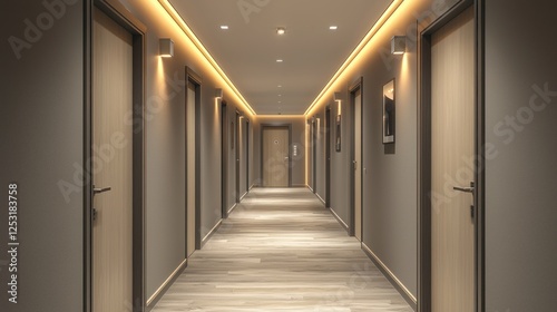 Empty hotel corridor with warm lighting and wooden floor