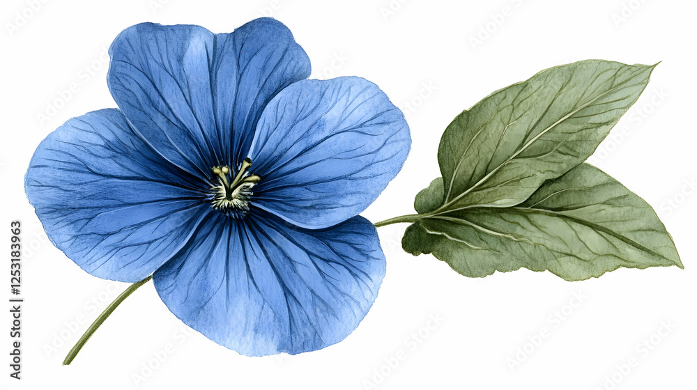 Obraz premium Blue flower, green leaf, watercolor, nature, design