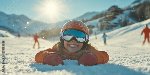 Photo of a happy girl in ski clothes falling on the snow on a ski slope