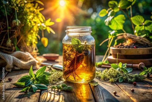 Traditional Herbal Roots & Remedy: Glass Jar of Herbal Liquid in Nature