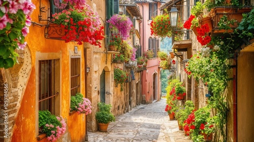 A charming narrow alley in an Italian village, lined with warm-colored walls and vibrant flower arrangements. The historic cobblestone street exudes European romance and timeless beauty