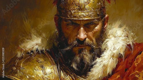 Spanish conquistador stands confidently in 16th century steel armor richly decorated golden engravings. He grips rapier while misty jungle creates air of mystery around him. photo