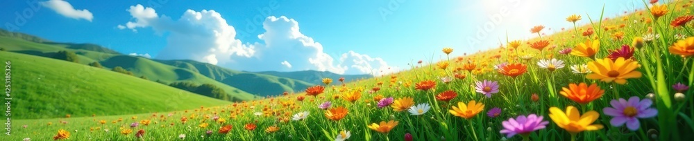 Vibrant wildflowers bloom across a sun-drenched hillside, lush green grass, clear blue sky , spring, bright, outdoor Vibrant wildflowers bloom across a sun-drenched hillside, lush green grass, clear blue sky , spring, bright, outdoor