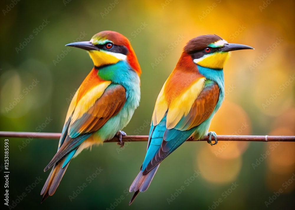 Fototapeta premium Two Birds Perched on Wire, Spring Nature Scene, Copy Space, Wildlife Photography