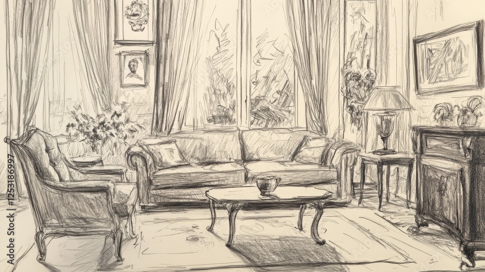 Fototapeta premium Hand-drawn sketch of a living room interior. 