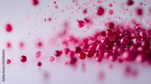 A close-up view of scattered pink peppercorns on a white surface, with a focus on their vibrant pink color and distinct texture.