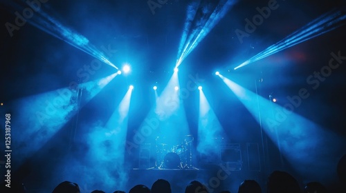 Blue stage lights illuminate band playing for crowd at concert