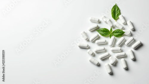 Magnesium Glycinate capsules with a fresh basil leaf on top.