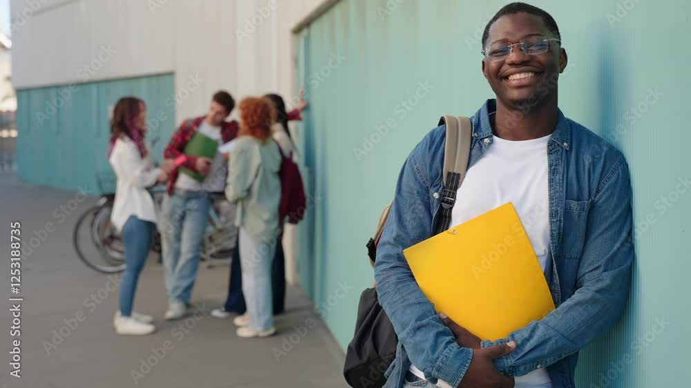 Young African American male University student standing with classmates talking holding backpack looking at the camera and smiling 
