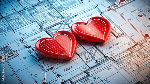 Valentine's Day Red Pencil Heart Drawings on Architectural Blueprint