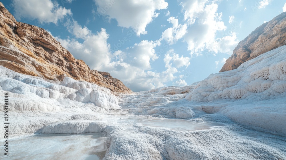 Obraz premium White salt formations under a blue sky, textured landscape. Ideal for travel, nature, and geological projects needing a stunning backdrop.