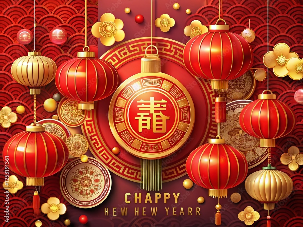 Vibrant Chinese New Year Background: Red Lanterns, Gold Coins & Intricate Patterns Vibrant Chinese New Year Background: Red Lanterns, Gold Coins & Intricate Patterns