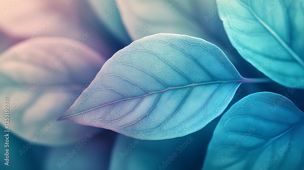 Obraz premium Vibrant Blue and Pink Leaves Close Up, Detailed close up of delicate leaf veins background