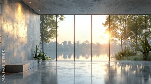 Modern concrete interior with lake view at sunrise, perfect for relaxation or yoga
