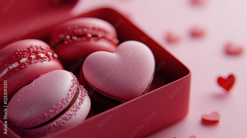 Macarons in heart shape in gift box isolated on pink background,events,aniversary festival gift set,french macaron cookies,trendy 2025,couple valentine Romantic love or pastry shop. Macarons in heart shape in gift box isolated on pink background,events,aniversary festival gift set,french macaron cookies,trendy 2025,couple valentine Romantic love or pastry shop.