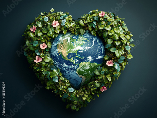 Heart-shaped Planet Earth Embraced by Vibrant Foliage and Blooming Flowers, Symbolizing Love and Unity With Nature in a Breathtaking Artistic Depiction. Generative AI