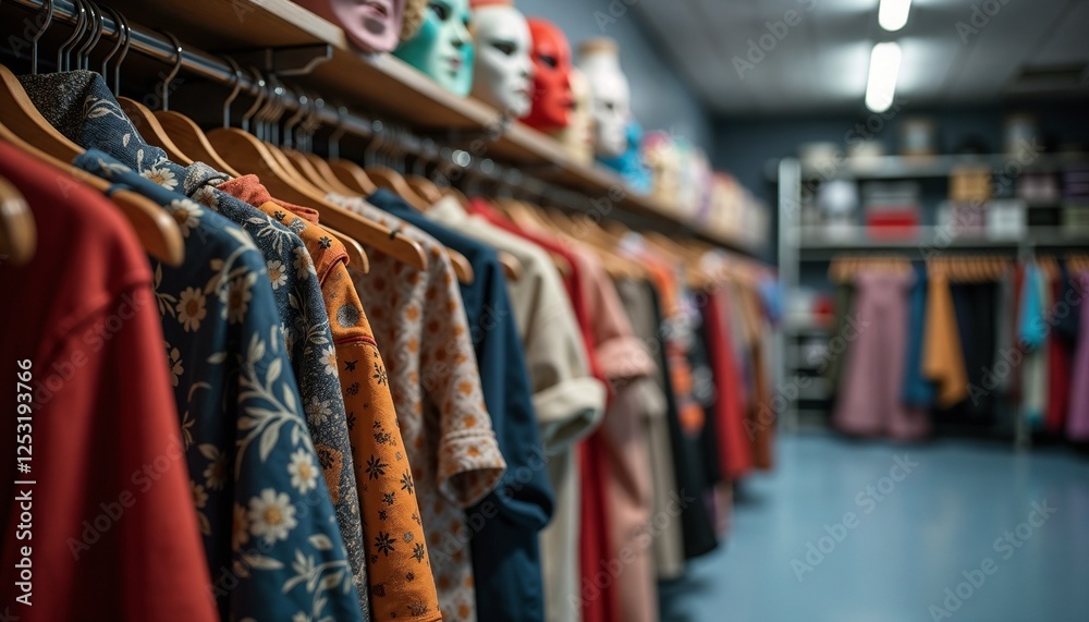 Fototapeta premium Costume rack in drama classroom, artistic atmosphere, colorful fabrics and masks, soft lighting
